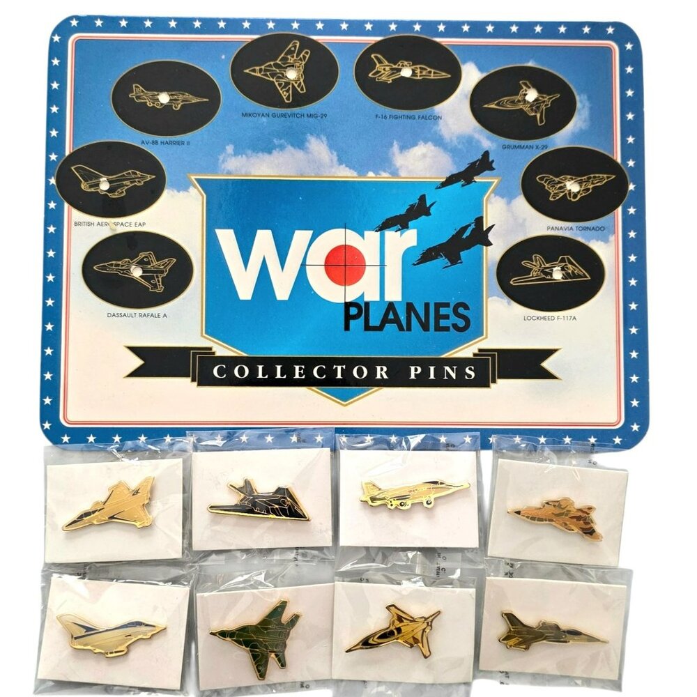 8 VTG War Planes Collector Pins Tie Tack Airplane Fighter Jet Display Card Atlas
